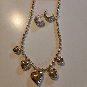 Gold bead heart charm necklace 18" with gold hoop earrings, NWT